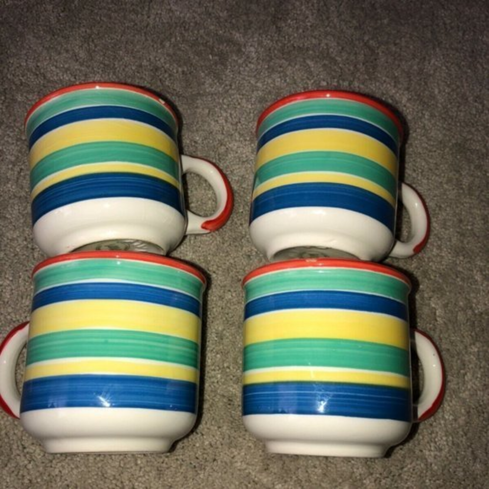 PIER 1 Imports Hand Painted Striped Coffee Tea Cup Mug Made in Italy Set (4)‎